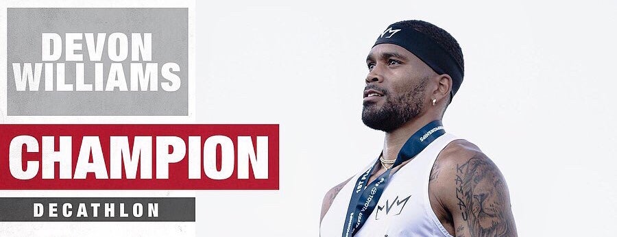 USA Decathlon Champion Devon Williams wearing the MVM Cooling Headband.